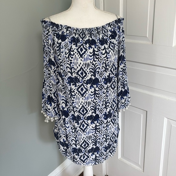 Lilly Pulitzer Nita Dress pompom blue white off shoulder summer cruise small - Picture 1 of 6